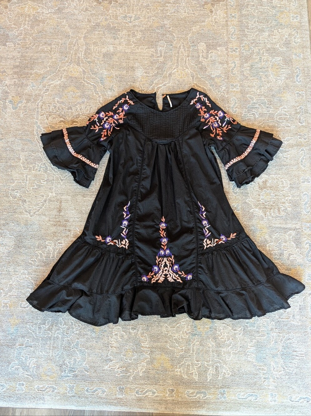 Free People Pavlo Embroidered Bell Sleeve Dress Black Boho Large